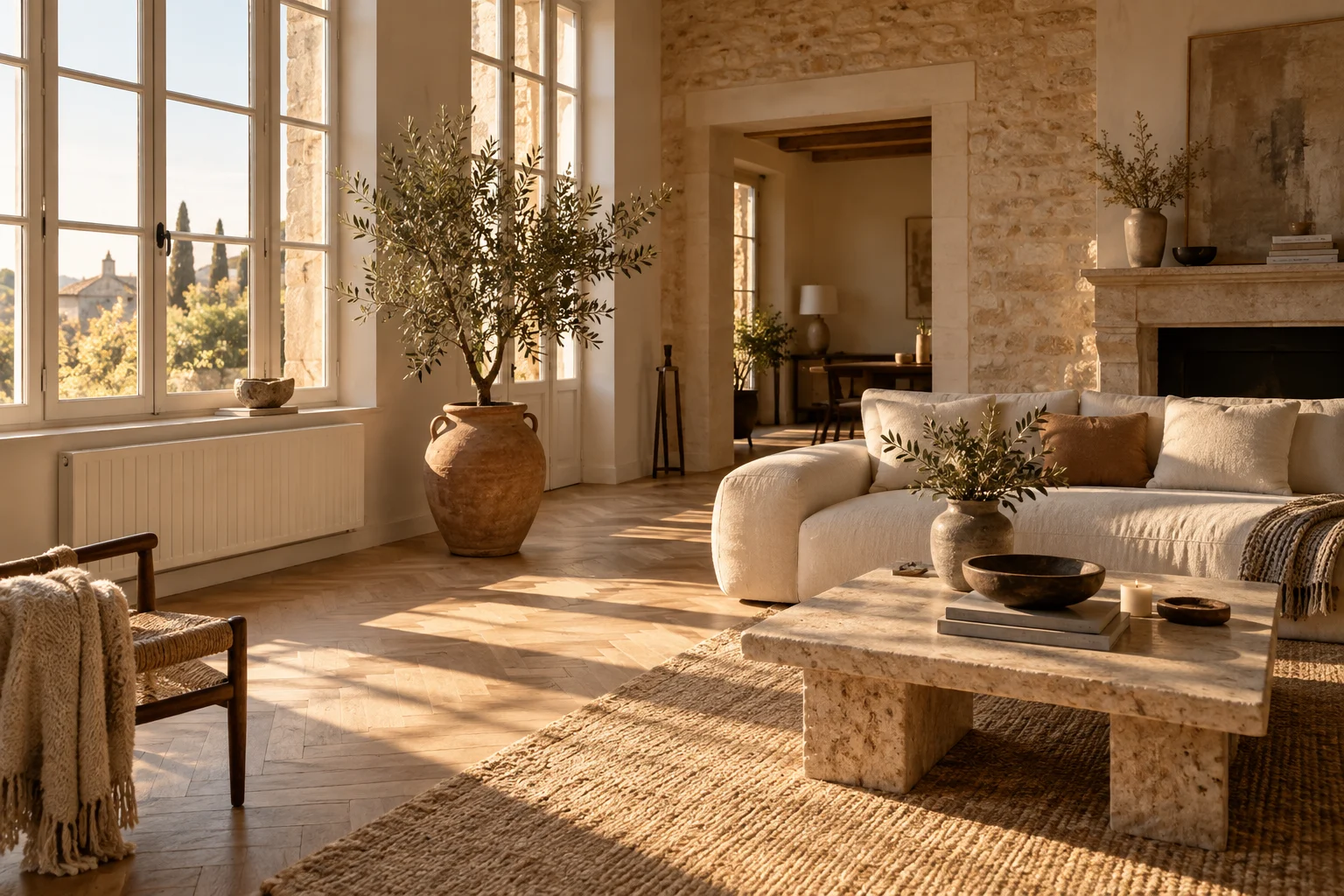 Salon lumineux aux tons naturels, équipé d’un radiateur discret